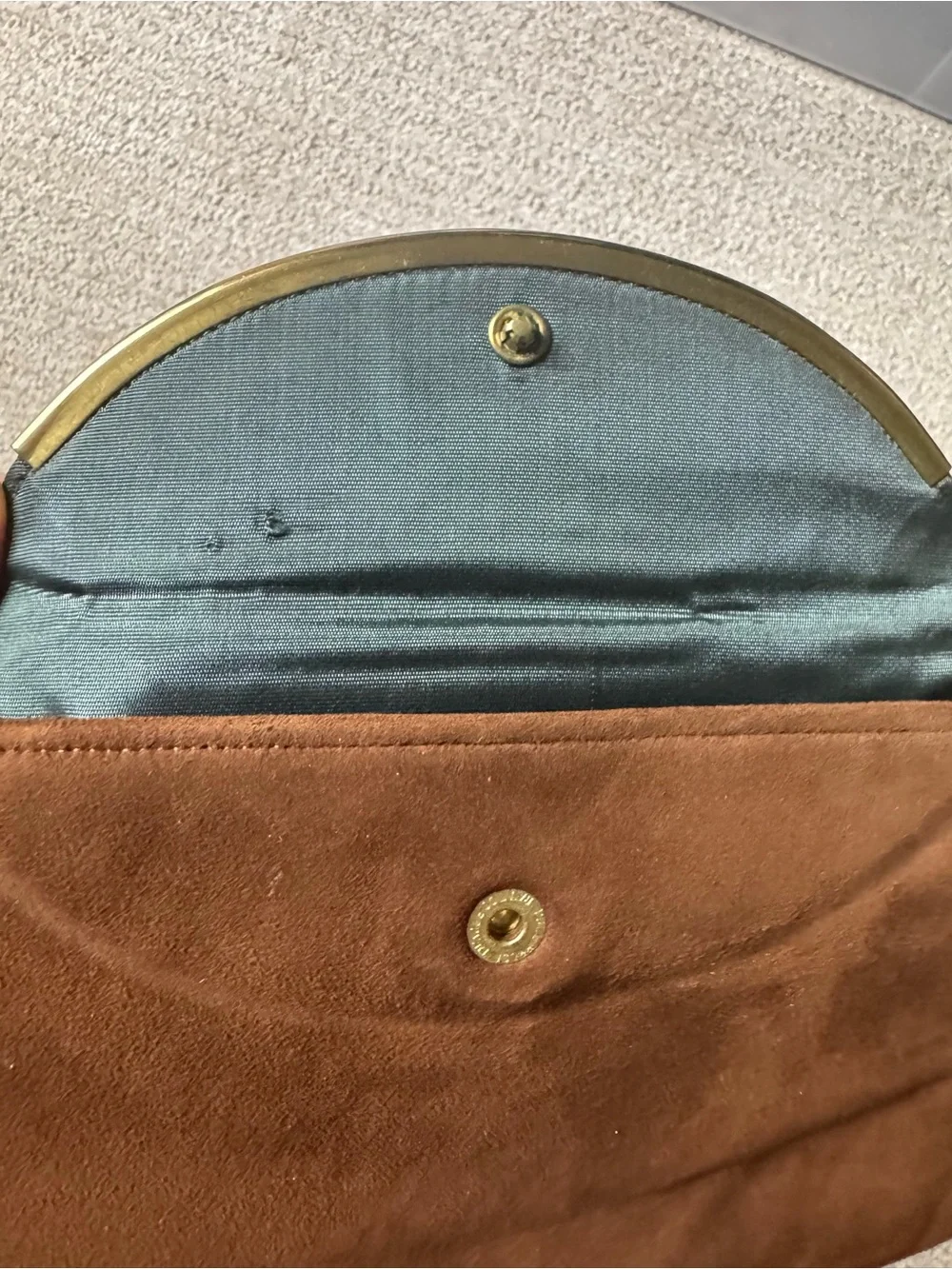 Vintage Brown Suede Envelope Clutch Handbag Gold Tone Accent Bar Metal Clasp